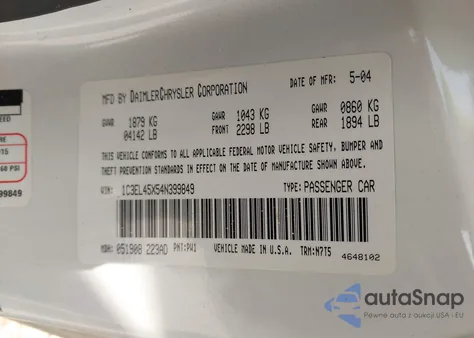 2004 Chrysler Sebring from USA, damaged, VIN 1C3EL45X54N399849